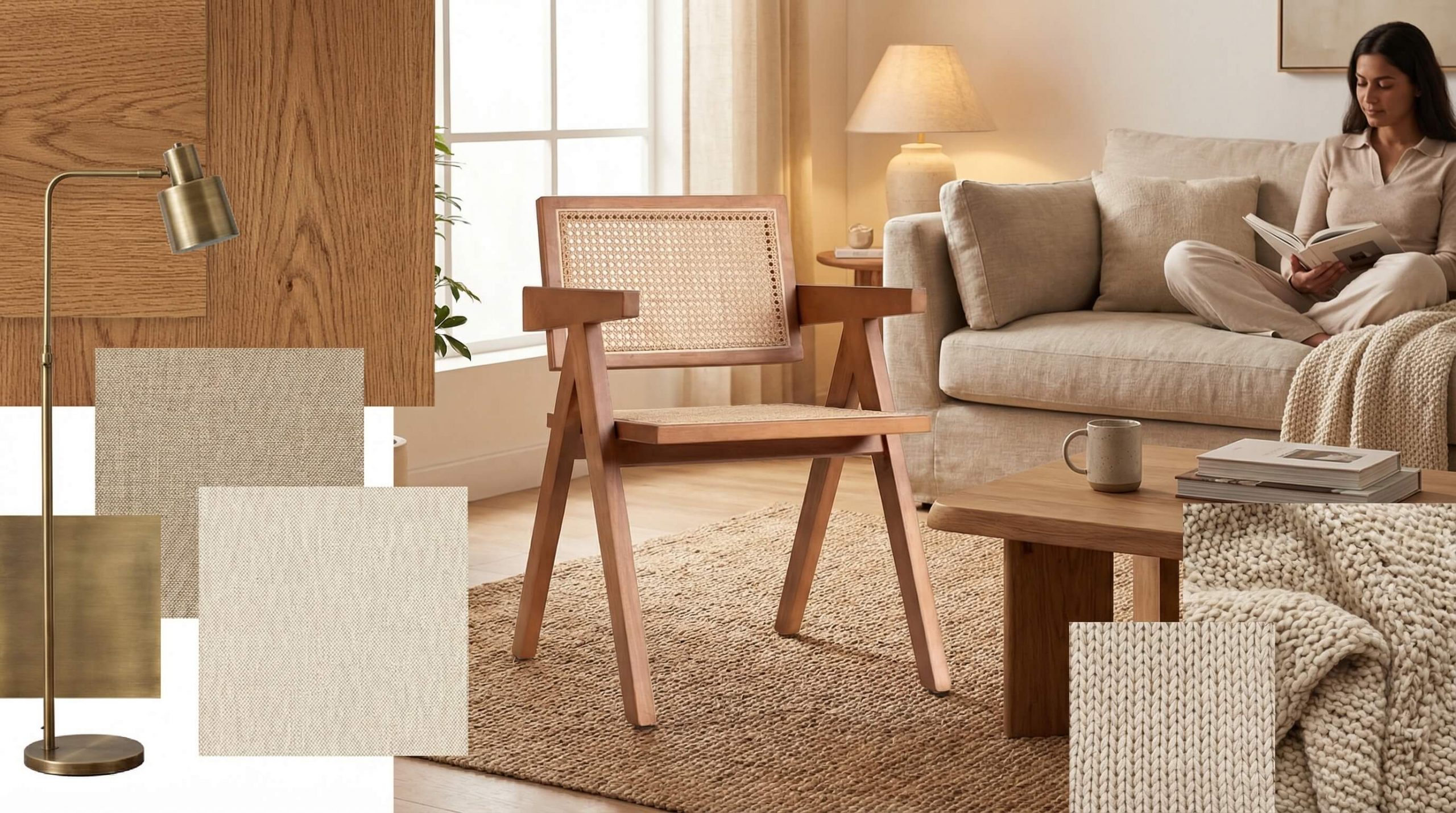 Interior Moodboards Holzoptik entwickeln in einem warmen Wohnzimmer mit natürlicher Eichenästhetik und harmonischen Materialien.