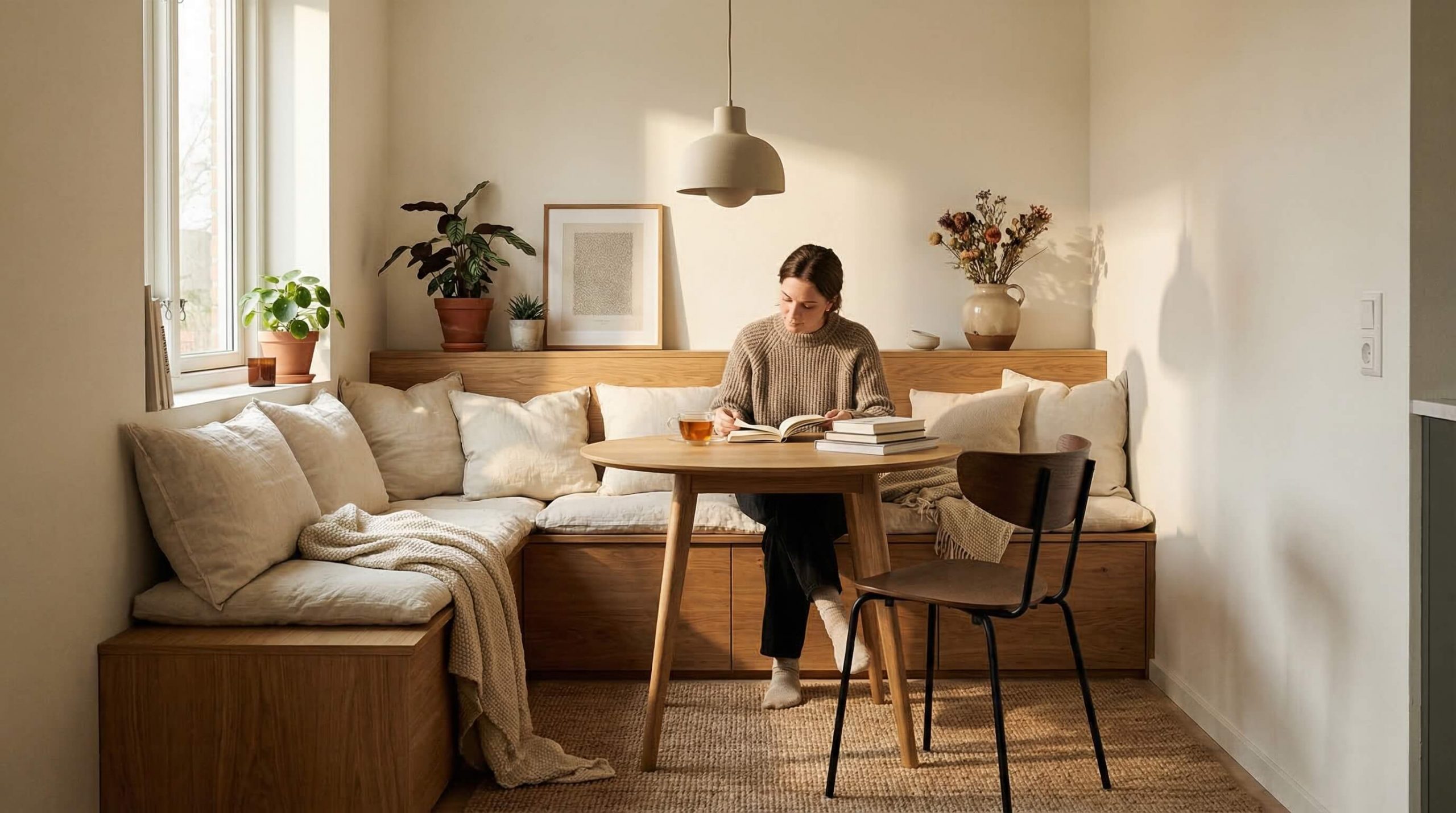 Helle, moderne Szene einer wohnlich gestalteten kleinen Essnische mit Eichenmöbeln, warmem Licht und natürlicher Atmosphäre, inspiriert von ‘Kleine Essnischen wohnlich gestalten’.