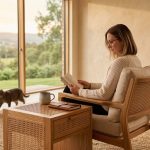 Hyperrealistisches Interieur mit Massivholz und Rattanakzenten, das zeigt, wie Wohnräume mit Rattanstrukturen auflockern und warm wirken.