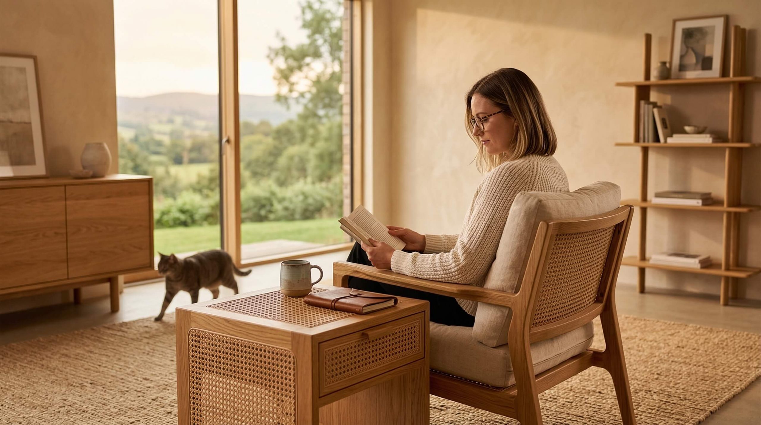 Hyperrealistisches Interieur mit Massivholz und Rattanakzenten, das zeigt, wie Wohnräume mit Rattanstrukturen auflockern und warm wirken.
