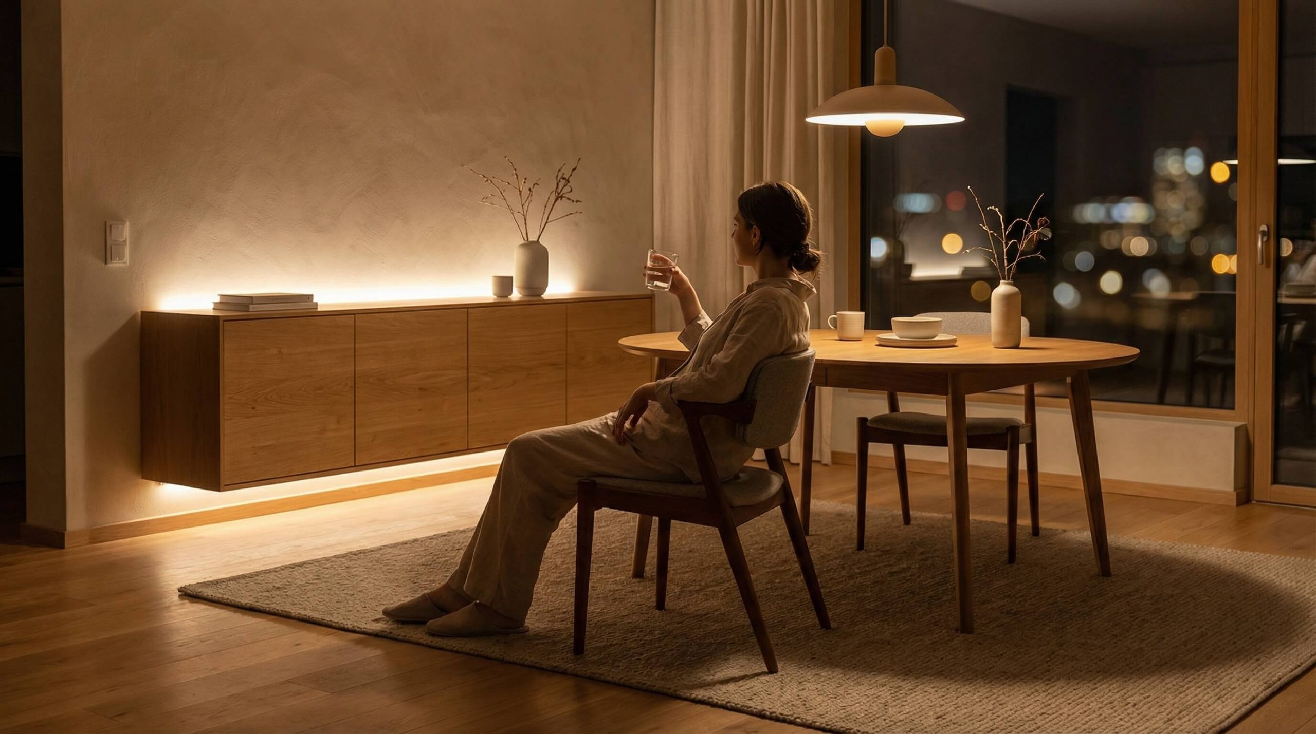 Minimalistische Essbereiche Eiche aufwerten: stimmungsvolle Abendlicht-Szene mit klaren Formen und fein betonter Eichenstruktur.