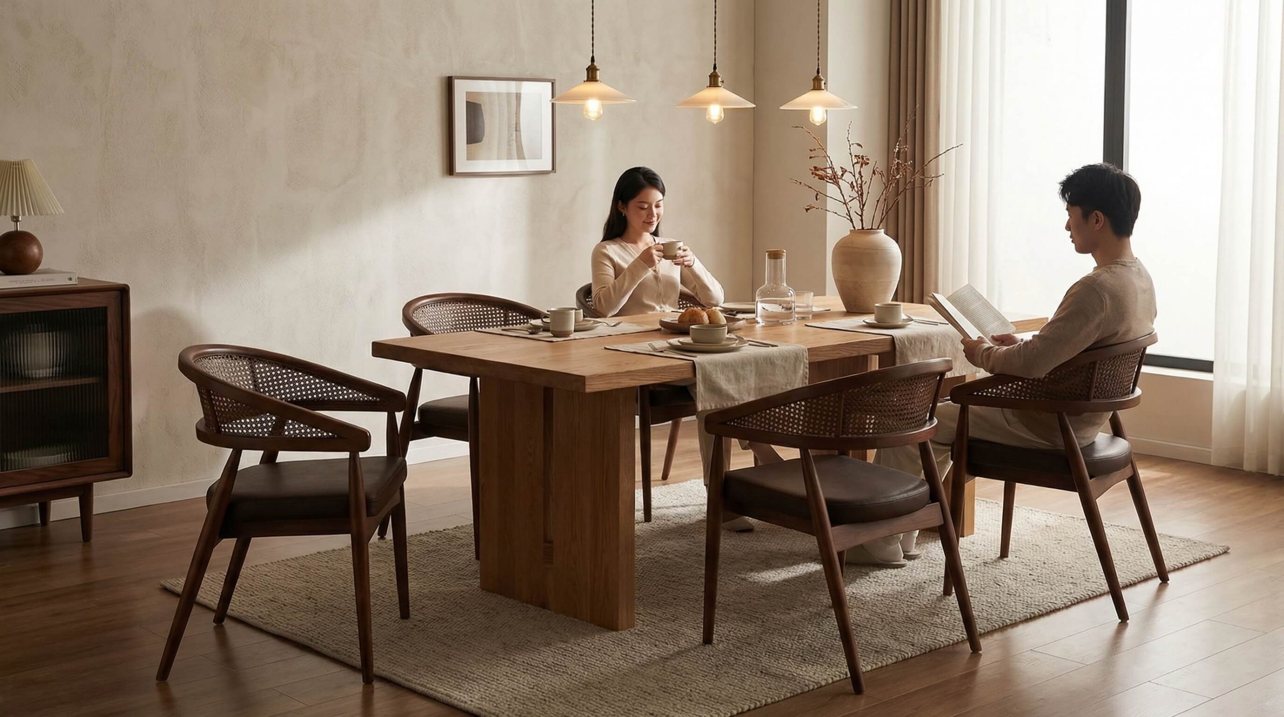 Hochwertige Innenaufnahme, die die Designphilosophie hochwertigen Holzstühlen in einem warmen, modernen Essbereich zeigt.