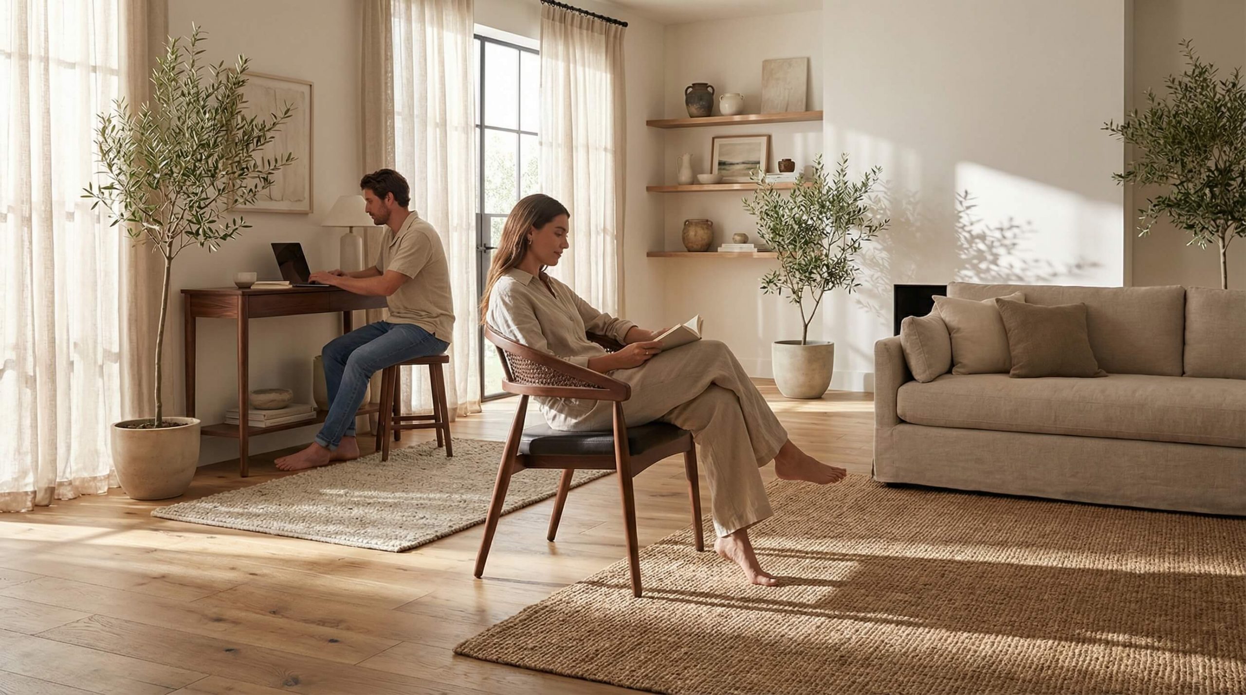 Realistische Wohnzimmerszene, die die Designphilosophie hochwertigen Holzstühlen in einem modernen, natürlichen Ambiente zeigt.