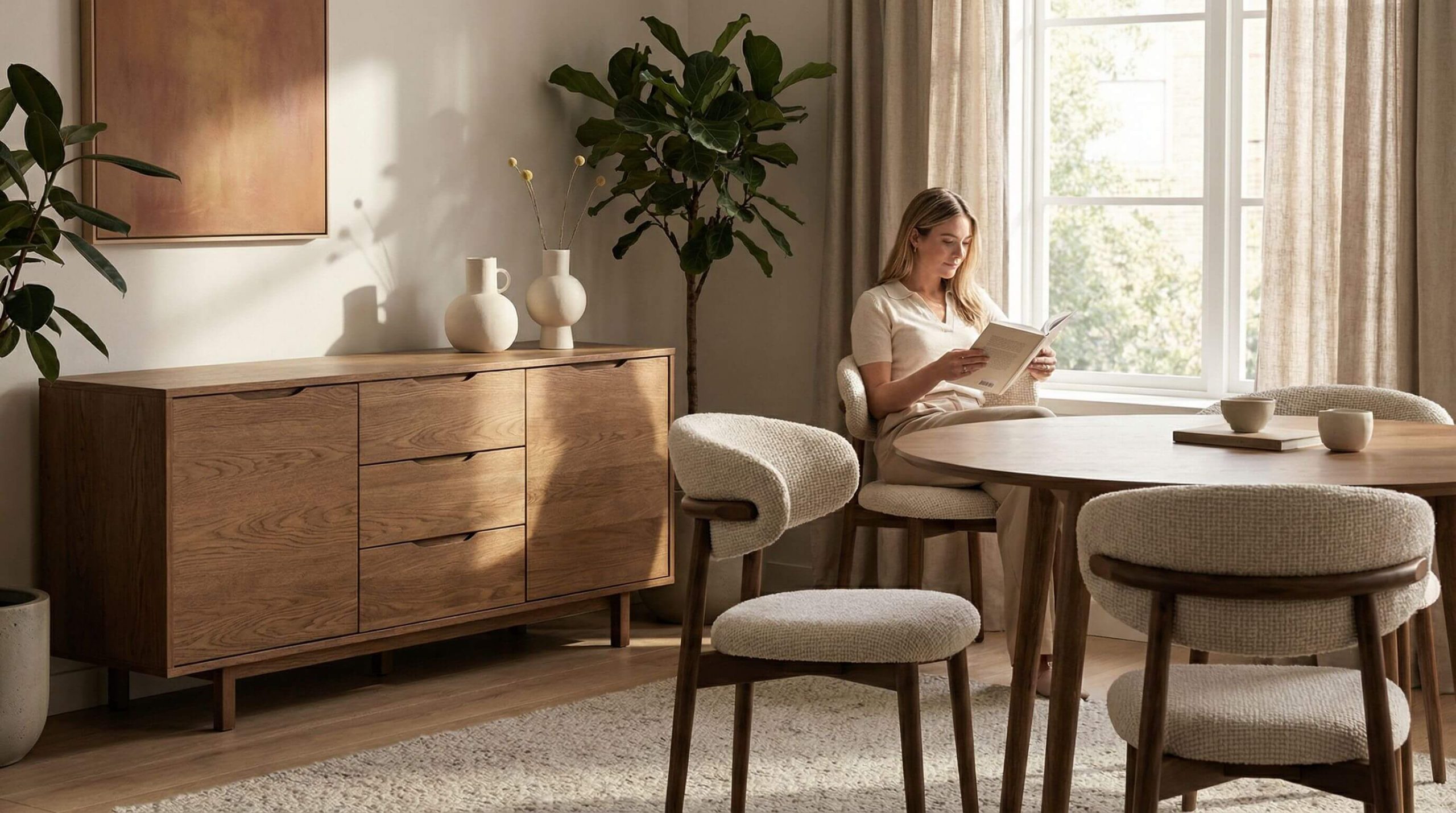 Helles Wohnambiente, das zeigt, wie man Wohnbereiche passenden Stühlen strukturieren kann, in moderner Eichenholz-Ästhetik.