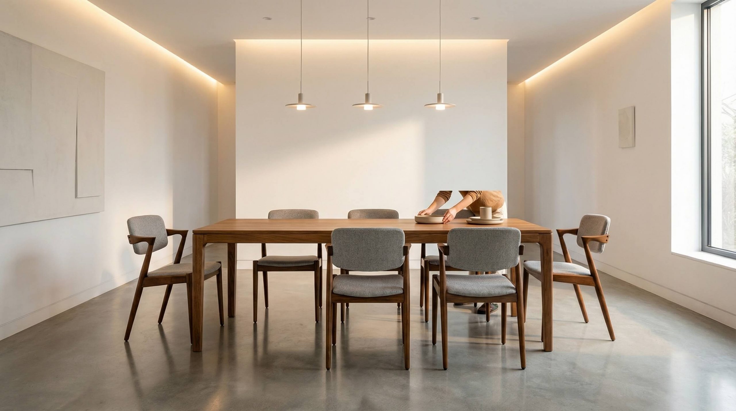 Minimalistische Essbereiche Eiche aufwerten: lichtdurchflutete Galerie-Esszone mit ruhigem Materialmix und edler Eichenmöblierung.