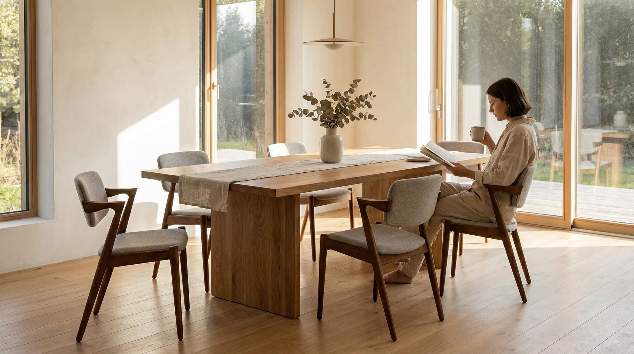 Minimalistische Essbereiche Eiche aufwerten: warmer, moderner Essbereich mit klaren Linien, natürlicher Holzstruktur und harmonischem Licht.