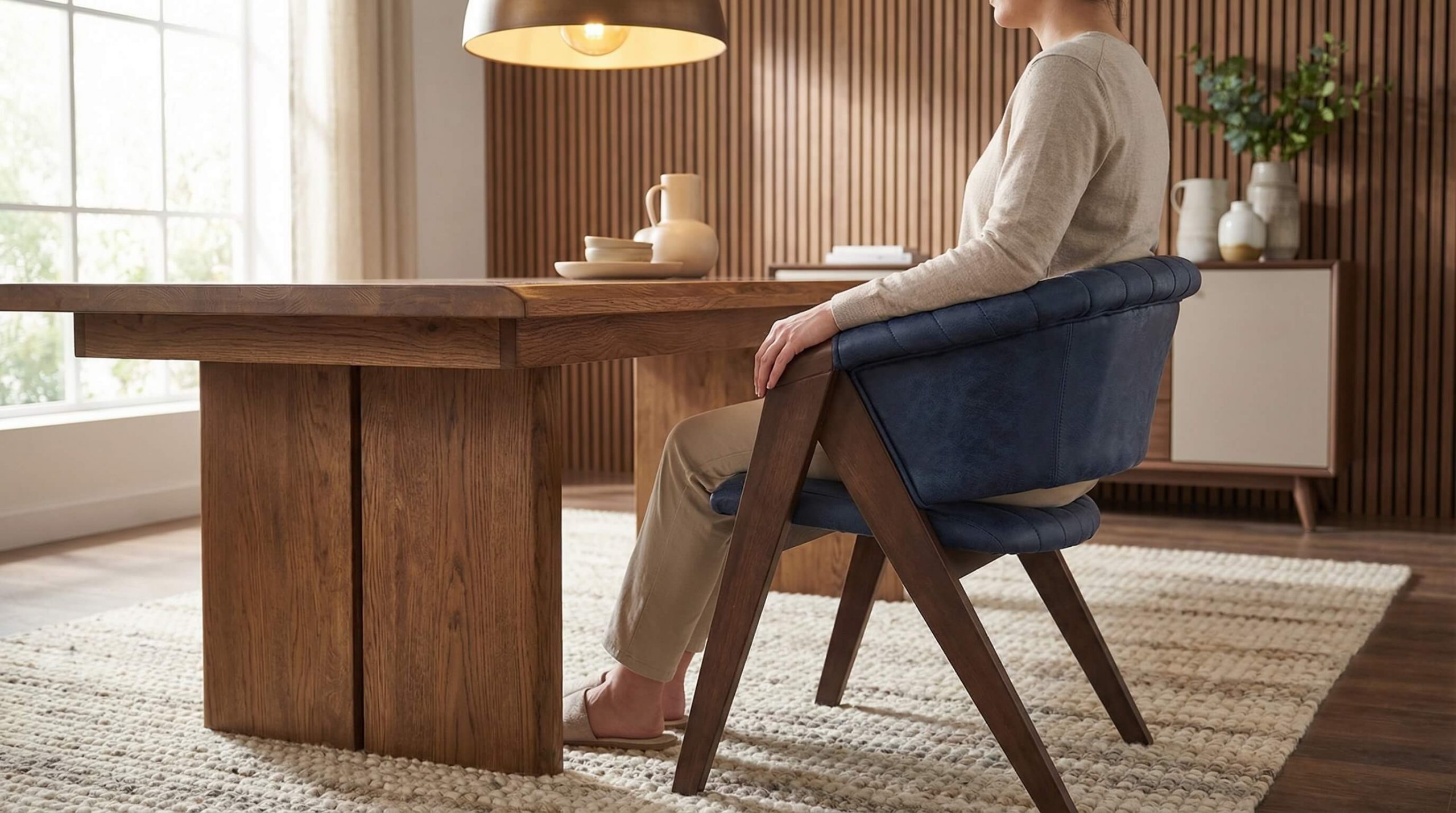 Helles Esszimmer mit warmen Holztönen, das eine ergonomische Sitzposition am Esstisch erreichen unterstützt.