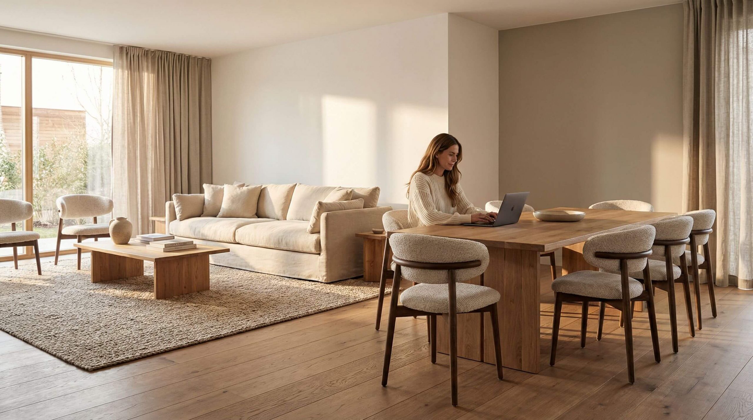 Moderner Essbereich, der zeigt, wie man Wohnbereiche passenden Stühlen strukturieren kann, mit warmem Holz und natürlichem Licht.