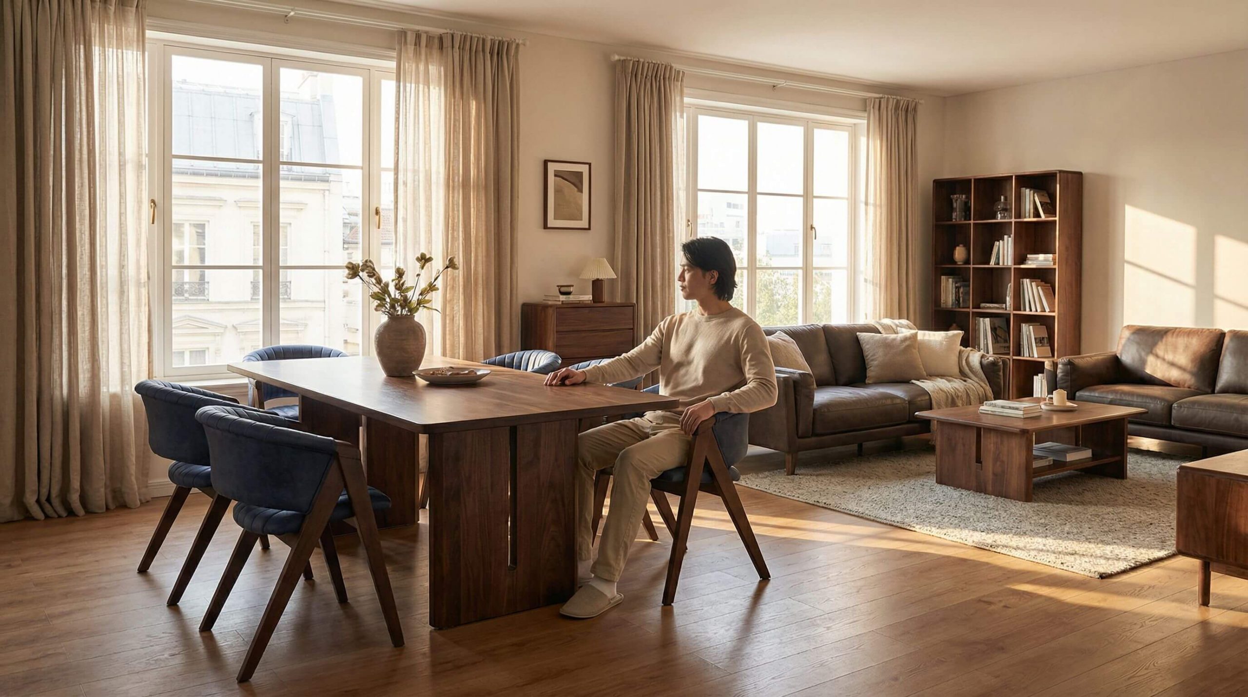 Eleganter Wohn-Essbereich, der hochwertige Holzoptik zeigt und hilft, eine ergonomische Sitzposition am Esstisch erreichen zu können.