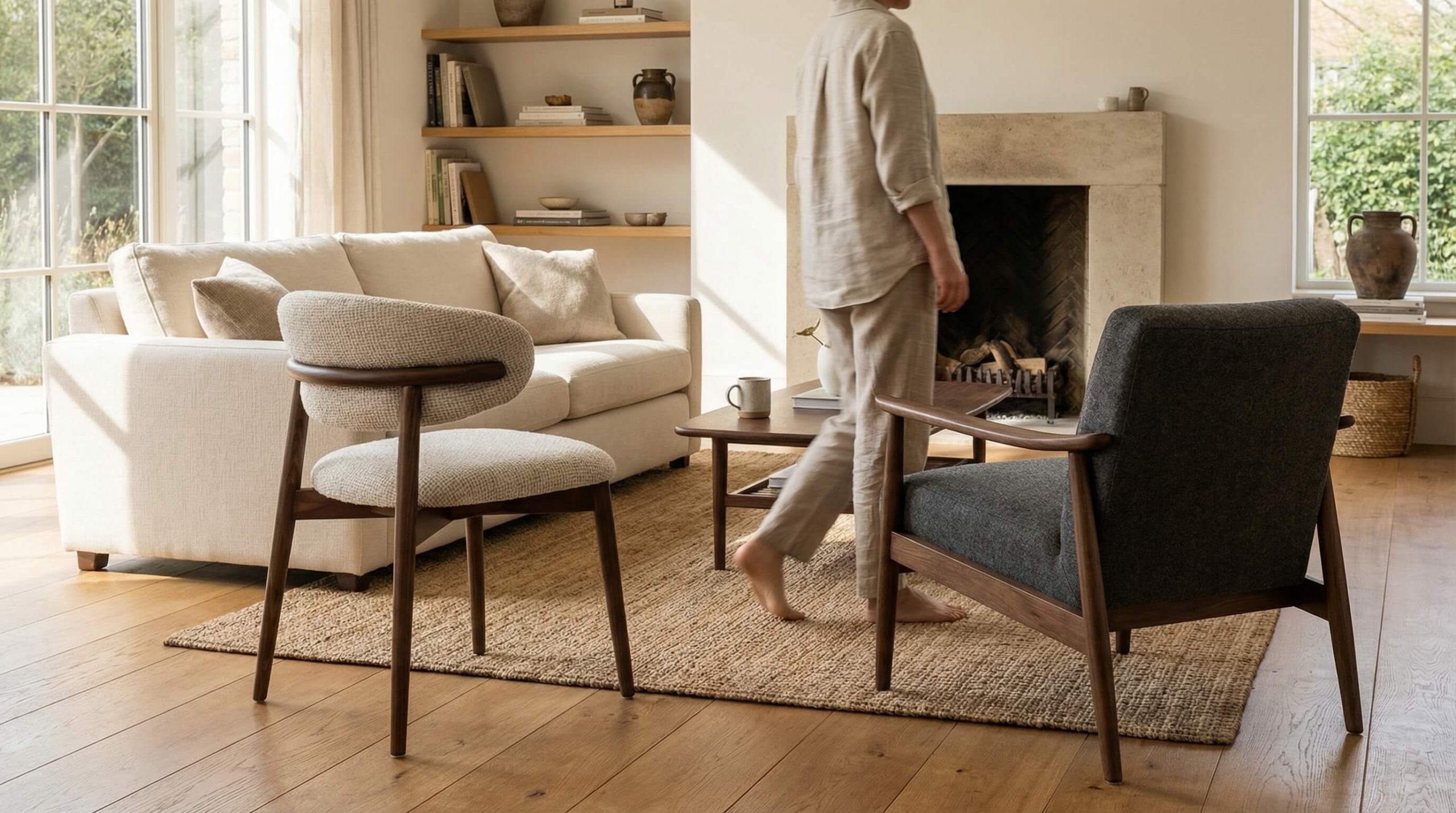 Offener Wohnraum, der zeigt, wie man Wohnbereiche passenden Stühlen strukturieren kann, mit hochwertiger Eichenästhetik.