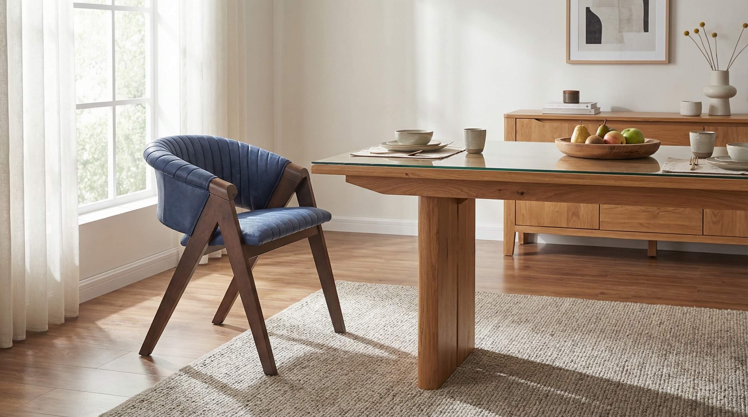 Stilvolles Premium-Interior mit Eichenmöbeln, das dabei unterstützt, eine ergonomische Sitzposition am Esstisch erreichen zu können.